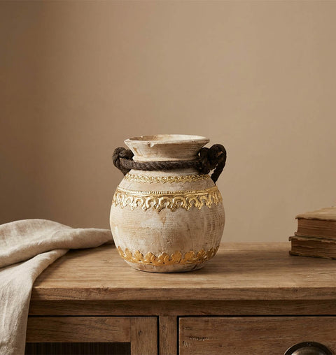 Handcrafted Wooden Pot with Brass Detailing