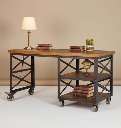Solid Wood Industrial 2 Shelf Writing Table with Wheels