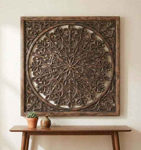 Handcrafted Solid Wood Floral Mandala Wall Carved Panel
