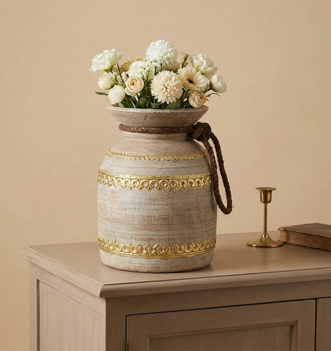 Handcrafted Wooden Pot with Brass Detailing