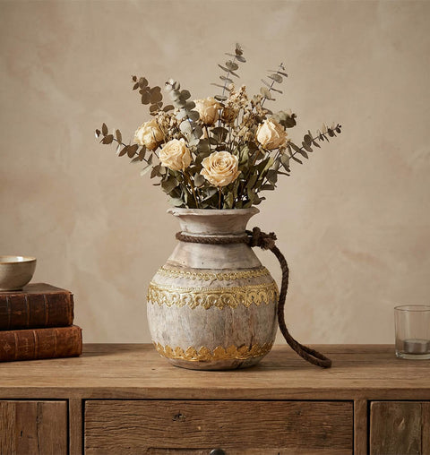 Handcrafted Wooden Pot with Brass Detailing