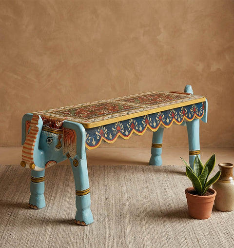 Gajraj Dvaya Handcrafted Double Elephant Wooden Bench