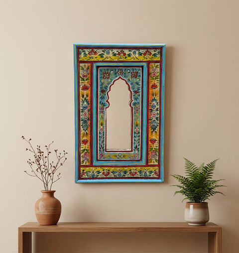 Hand Painted Solid Wood Wall Mirror with Traditional Floral Art