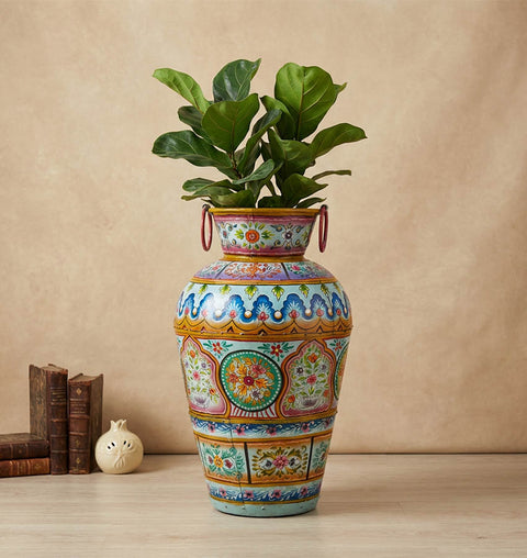 Handpainted Iron Folk Art Planter with Traditional Indian Motifs