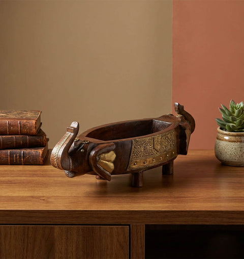 Double Headed Wooden & Brass Handcrafted Elephant Tray
