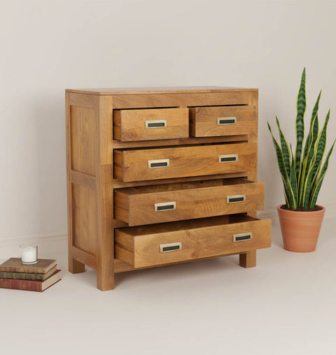 Antique Solid Wood Chest of 5 Drawers - Natural