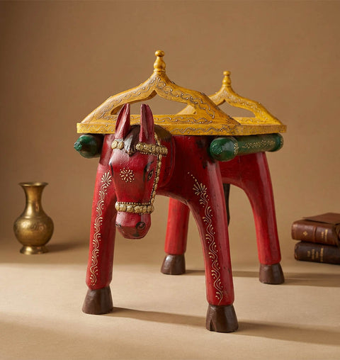 Handcrafted Double-Headed Horse Bench with Brass Detailing