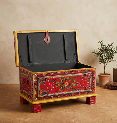 Handcrafted Painted Wooden Storage Trunk with Folk Art