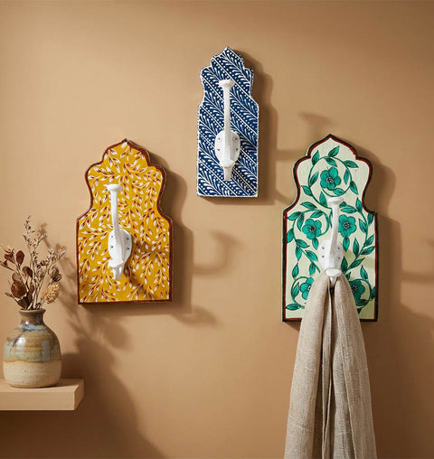 Hand-Painted Wooden Wall Hook Set of 3 with Folk Art Design