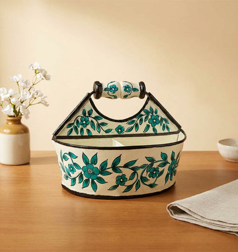 Hand-Painted Iron Cutlery Organiser with Floral Art (4 Compartments)