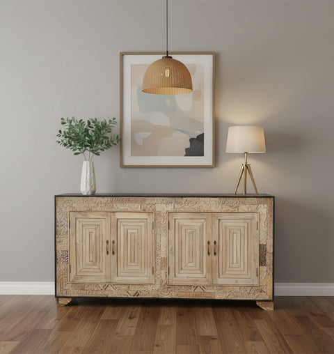 Bohemian Carved Wood Storage 4 Door Sideboard