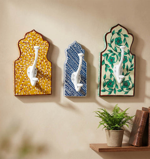 Hand-Painted Wooden Wall Hook Set of 3 with Folk Art Design