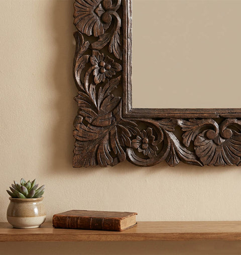 Hand-Carved Solid Wood Wall Mirror with Desert Brown Finish
