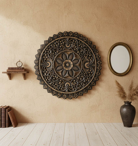 Handcarved Wall Panel – Floral Mandala