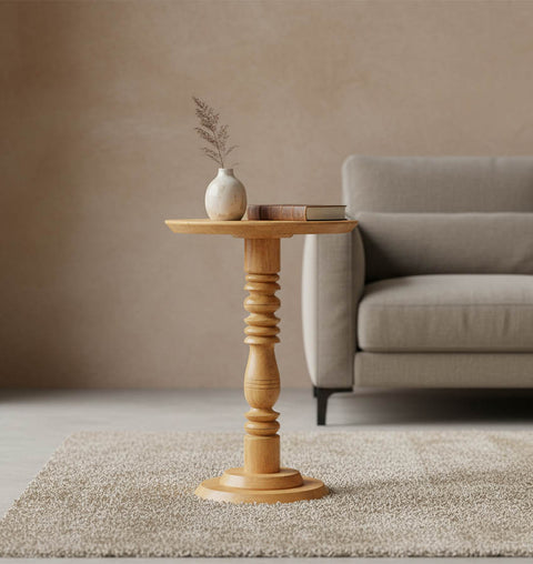 Solid Wood Tall Pedestal Round Side Table