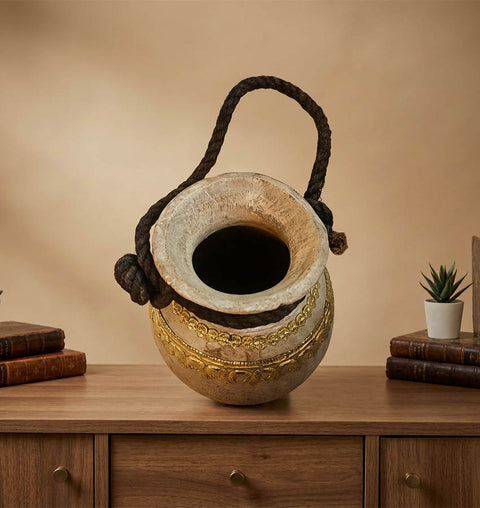 Handcrafted Wooden Pot with Brass Detailing