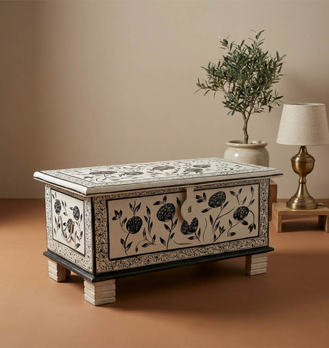 Handcrafted Painted Wooden Storage Trunk with Folk Art