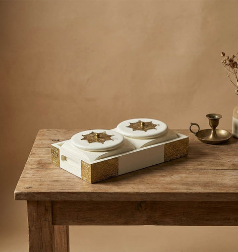 Handcrafted Wooden Brass Dry Fruit Box with 2 Steel Bowl Compartments