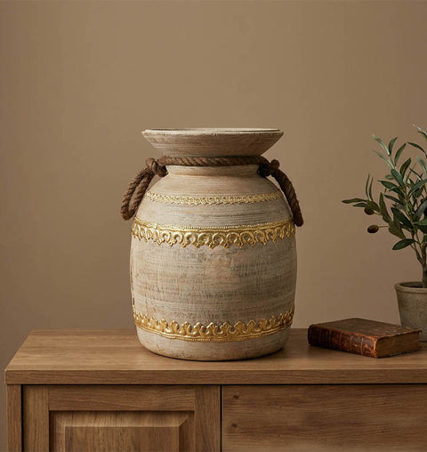 Handcrafted Wooden Pot with Brass Detailing