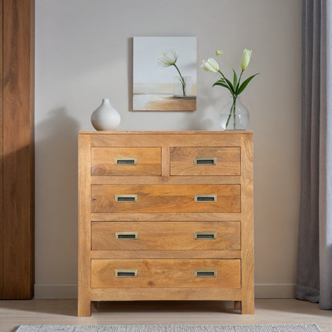 Antique Solid Wood Chest of 5 Drawers - Natural